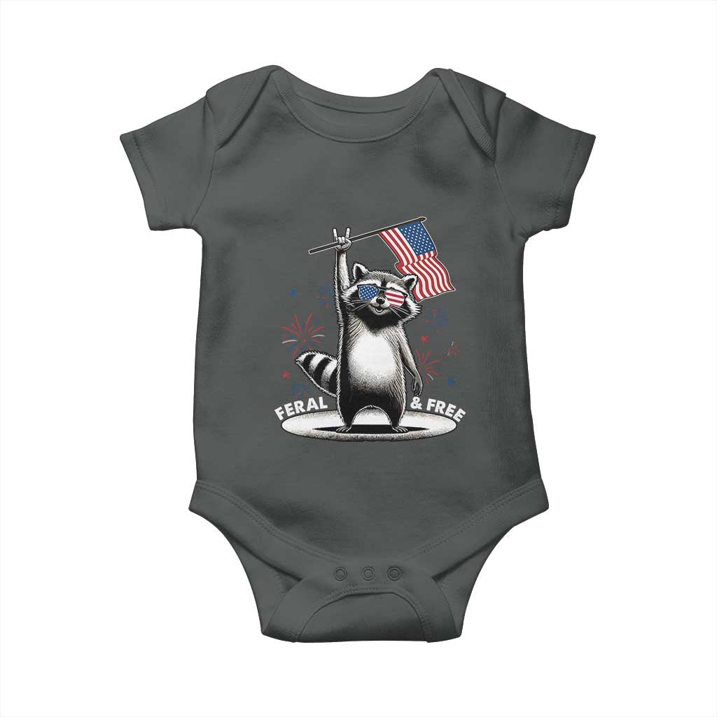 Funny Feral And Free Baby Onesie 4th of July Patriotic Raccoon With American Flag Fireworks TS11 Dark Heather Print Your Wear