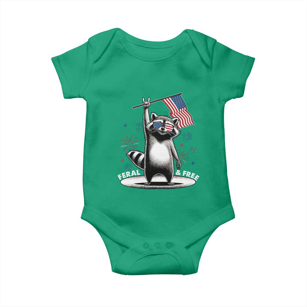 Funny Feral And Free Baby Onesie 4th of July Patriotic Raccoon With American Flag Fireworks TS11 Irish Green Print Your Wear