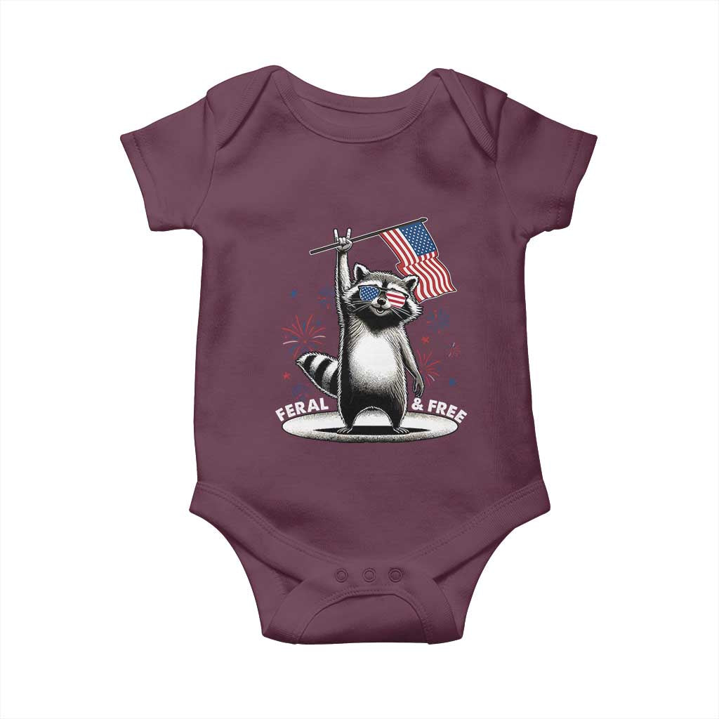 Funny Feral And Free Baby Onesie 4th of July Patriotic Raccoon With American Flag Fireworks TS11 Maroon Print Your Wear