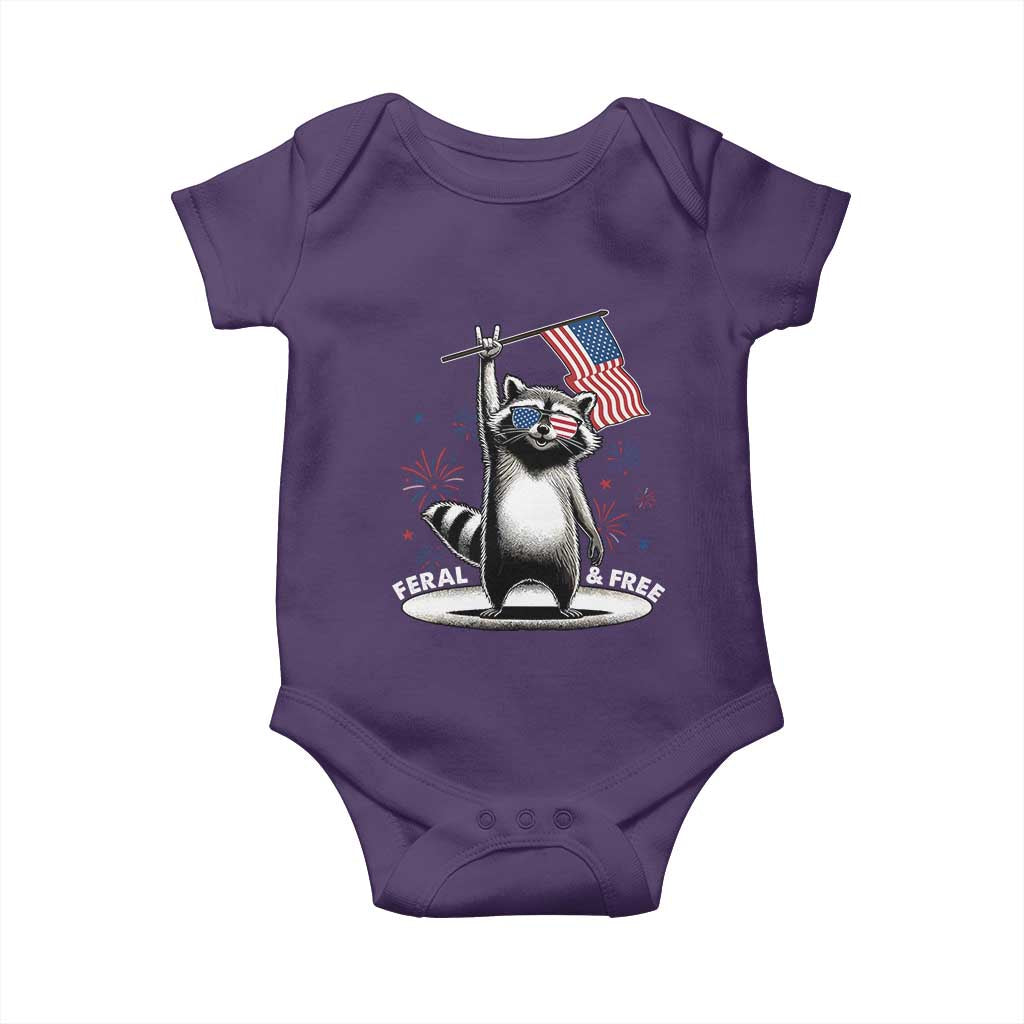 Funny Feral And Free Baby Onesie 4th of July Patriotic Raccoon With American Flag Fireworks TS11 Purple Print Your Wear