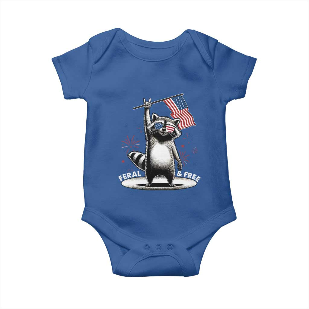 Funny Feral And Free Baby Onesie 4th of July Patriotic Raccoon With American Flag Fireworks TS11 Royal Blue Print Your Wear