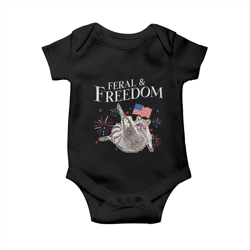 Funny Feral And Free Baby Onesie 4th of July Patriotic Raccoon With American Flag TS11 Black Print Your Wear