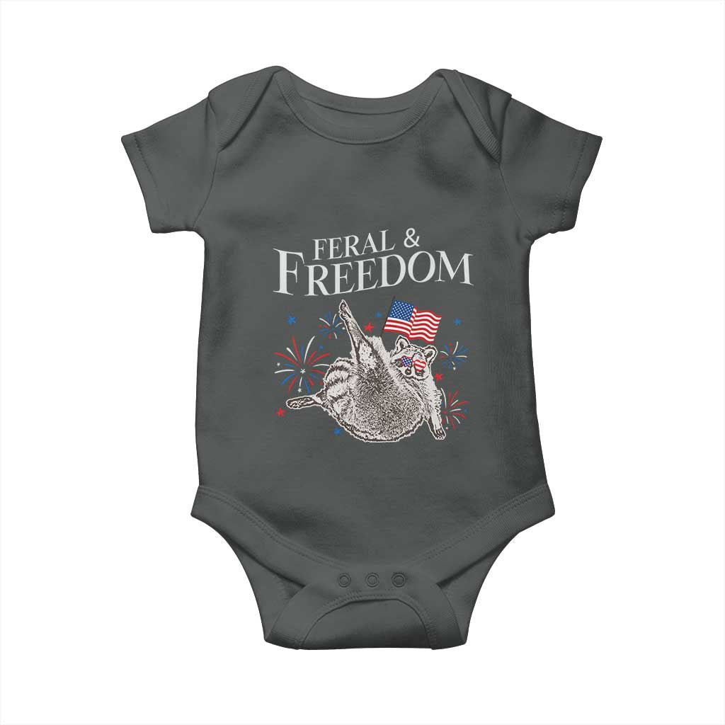 Funny Feral And Free Baby Onesie 4th of July Patriotic Raccoon With American Flag TS11 Dark Heather Print Your Wear