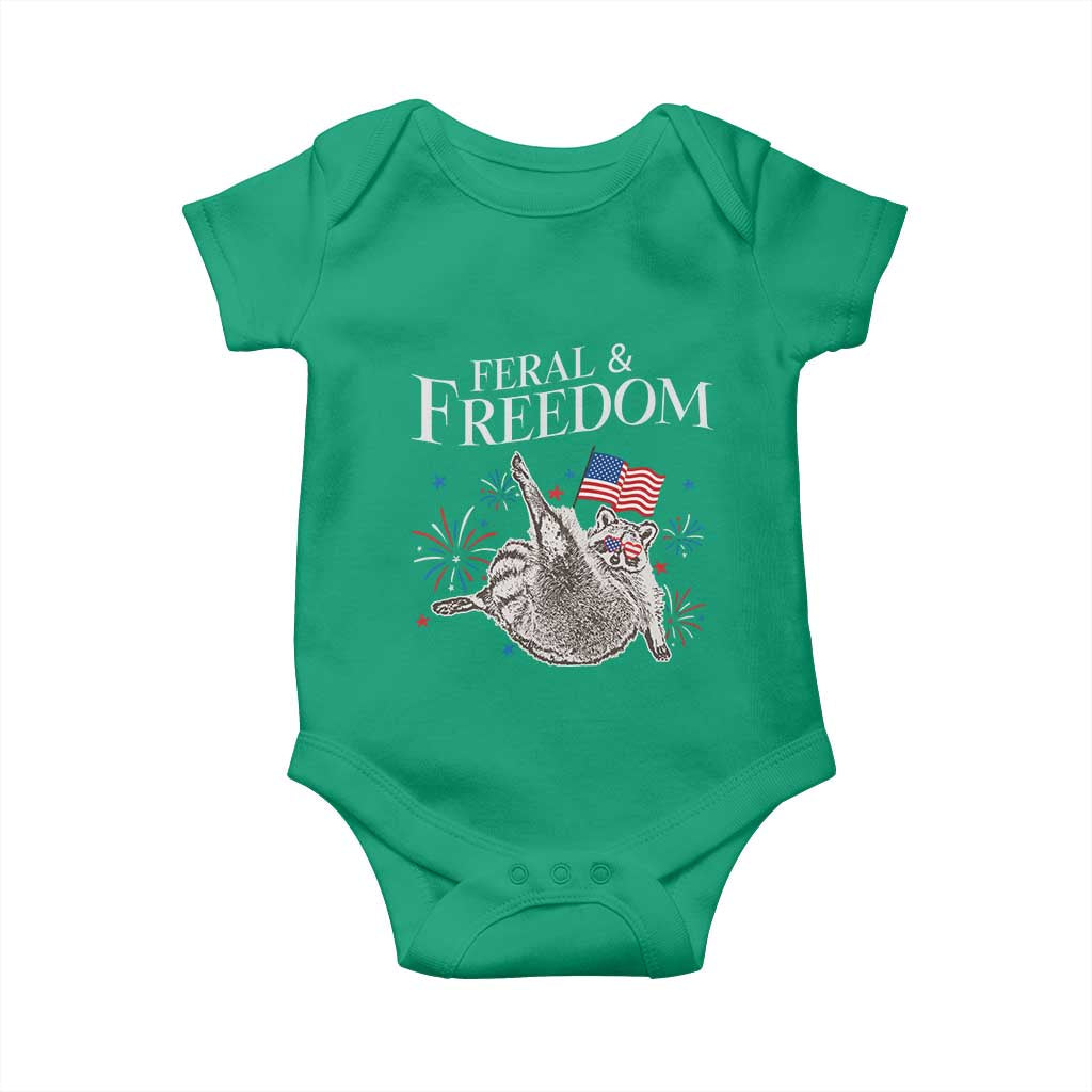Funny Feral And Free Baby Onesie 4th of July Patriotic Raccoon With American Flag TS11 Irish Green Print Your Wear