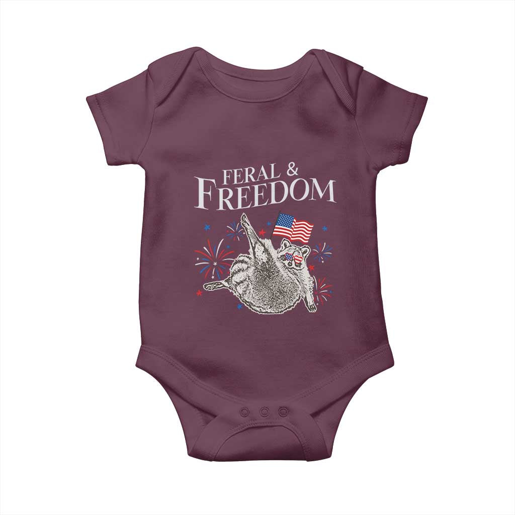 Funny Feral And Free Baby Onesie 4th of July Patriotic Raccoon With American Flag TS11 Maroon Print Your Wear