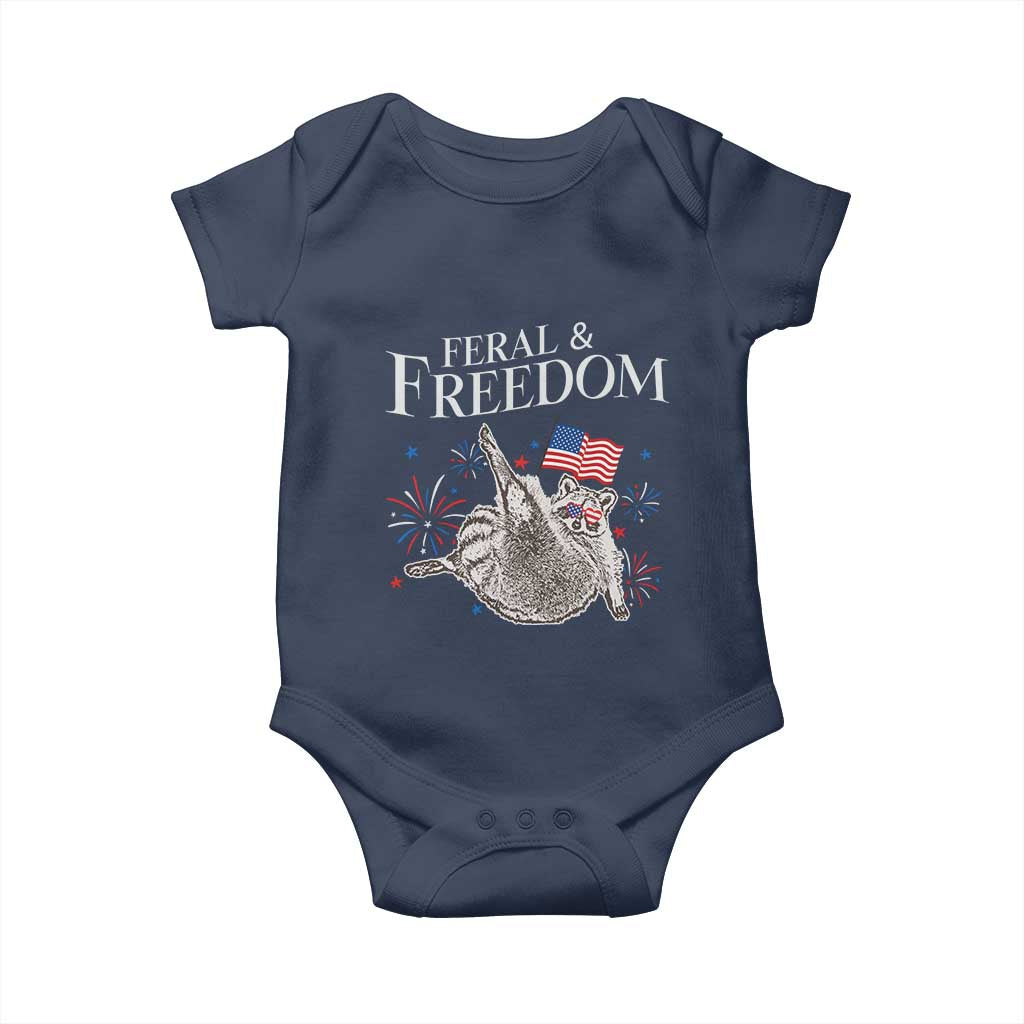 Funny Feral And Free Baby Onesie 4th of July Patriotic Raccoon With American Flag TS11 Navy Print Your Wear