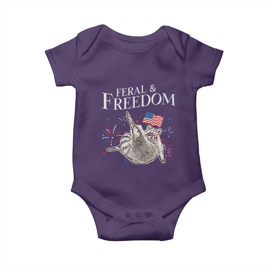 Funny Feral And Free Baby Onesie 4th of July Patriotic Raccoon With American Flag TS11 Purple Print Your Wear
