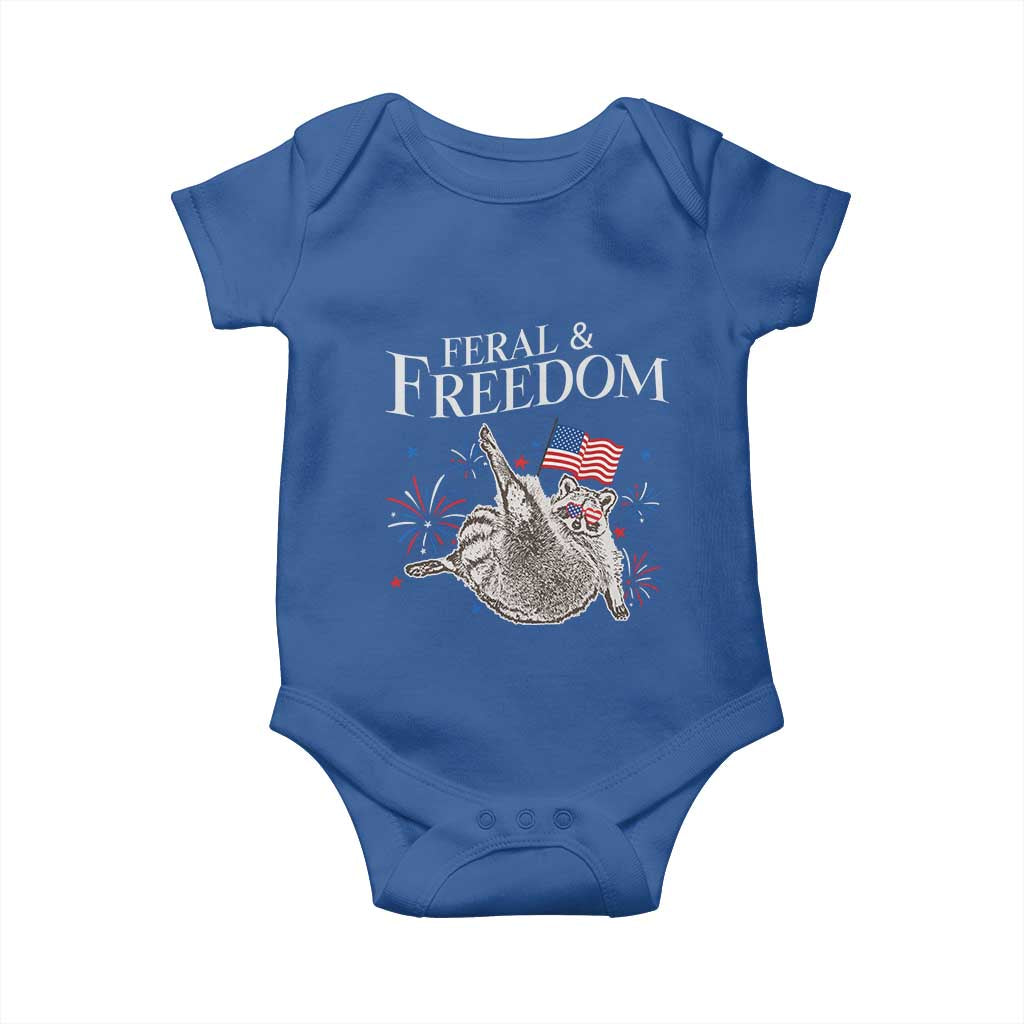 Funny Feral And Free Baby Onesie 4th of July Patriotic Raccoon With American Flag TS11 Royal Blue Print Your Wear