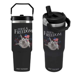 Funny Feral And Free Flip Straw Tumbler 4th of July Patriotic Raccoon With American Flag TS11 One Size: 30 oz Black Print Your Wear
