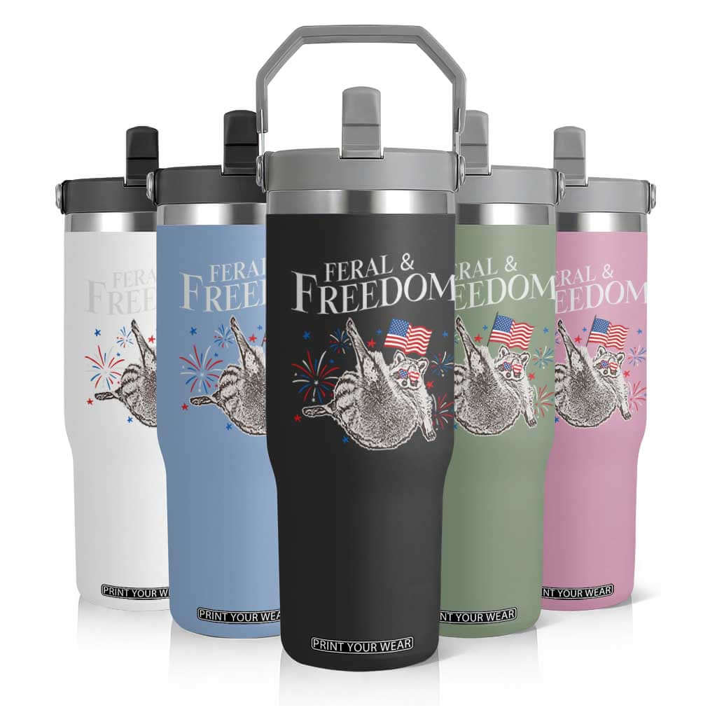 Funny Feral And Free Flip Straw Tumbler 4th of July Patriotic Raccoon With American Flag TS11 Print Your Wear