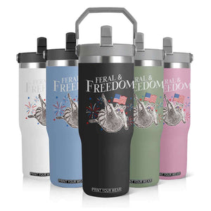 Funny Feral And Free Flip Straw Tumbler 4th of July Patriotic Raccoon With American Flag TS11 Print Your Wear