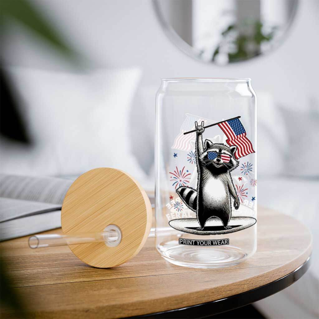 Funny Feral And Free Glass Can 4th of July Patriotic Raccoon With American Flag Fireworks TS11 Print Your Wear
