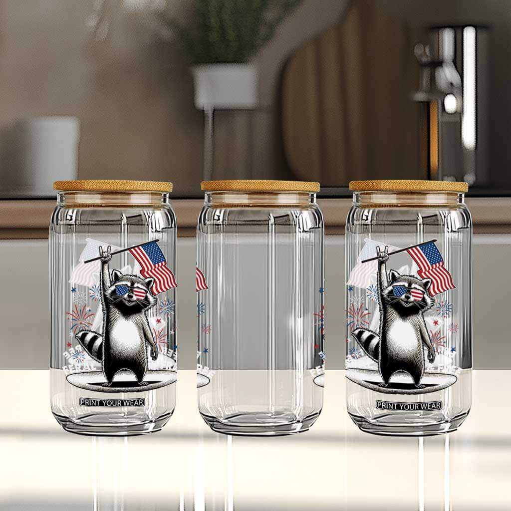 Funny Feral And Free Glass Can 4th of July Patriotic Raccoon With American Flag Fireworks TS11 Print Your Wear