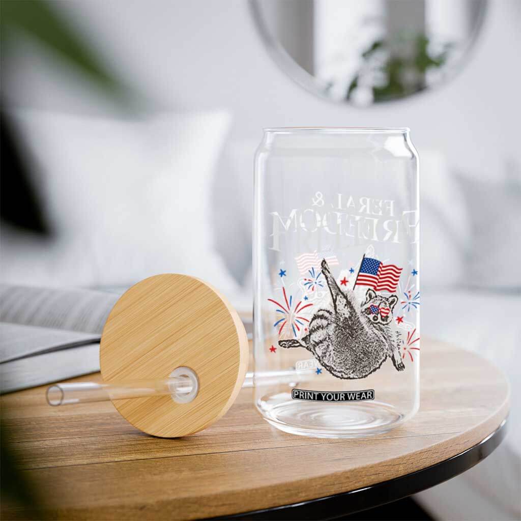 Funny Feral And Free Glass Can 4th of July Patriotic Raccoon With American Flag TS11 Print Your Wear