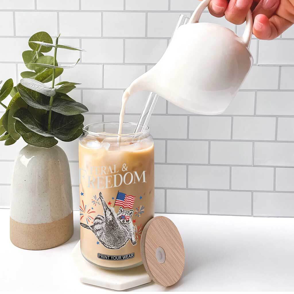 Funny Feral And Free Glass Can 4th of July Patriotic Raccoon With American Flag TS11 Print Your Wear