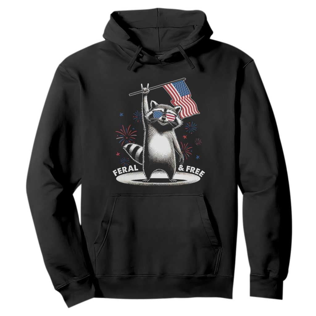 Funny Feral And Free Hoodie 4th of July Patriotic Raccoon With American Flag Fireworks TS11 Black Print Your Wear