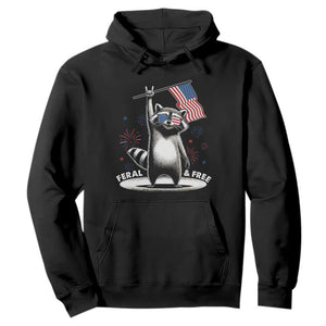 Funny Feral And Free Hoodie 4th of July Patriotic Raccoon With American Flag Fireworks TS11 Black Print Your Wear