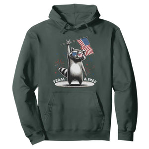 Funny Feral And Free Hoodie 4th of July Patriotic Raccoon With American Flag Fireworks TS11 Dark Forest Green Print Your Wear