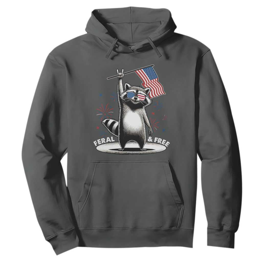 Funny Feral And Free Hoodie 4th of July Patriotic Raccoon With American Flag Fireworks TS11 Dark Heather Print Your Wear