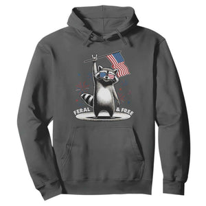 Funny Feral And Free Hoodie 4th of July Patriotic Raccoon With American Flag Fireworks TS11 Dark Heather Print Your Wear