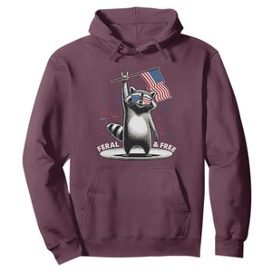 Funny Feral And Free Hoodie 4th of July Patriotic Raccoon With American Flag Fireworks TS11 Maroon Print Your Wear