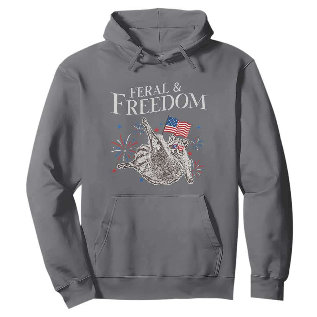 Funny Feral And Free Hoodie 4th of July Patriotic Raccoon With American Flag TS11 Charcoal Print Your Wear