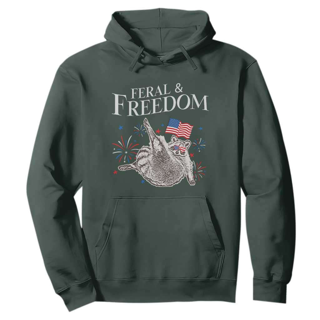 Funny Feral And Free Hoodie 4th of July Patriotic Raccoon With American Flag TS11 Dark Forest Green Print Your Wear