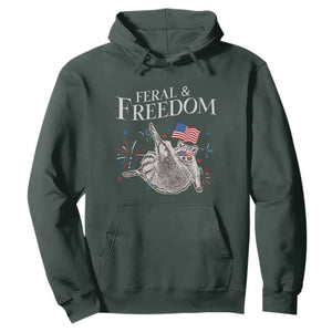 Funny Feral And Free Hoodie 4th of July Patriotic Raccoon With American Flag TS11 Dark Forest Green Print Your Wear