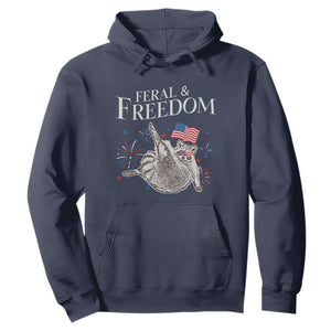 Funny Feral And Free Hoodie 4th of July Patriotic Raccoon With American Flag TS11 Navy Print Your Wear