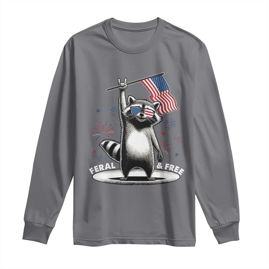 Funny Feral And Free Long Sleeve Shirt 4th of July Patriotic Raccoon With American Flag Fireworks TS11 Charcoal Print Your Wear