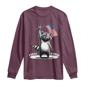 Funny Feral And Free Long Sleeve Shirt 4th of July Patriotic Raccoon With American Flag Fireworks TS11 Maroon Print Your Wear