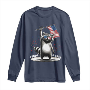 Funny Feral And Free Long Sleeve Shirt 4th of July Patriotic Raccoon With American Flag Fireworks TS11 Navy Print Your Wear
