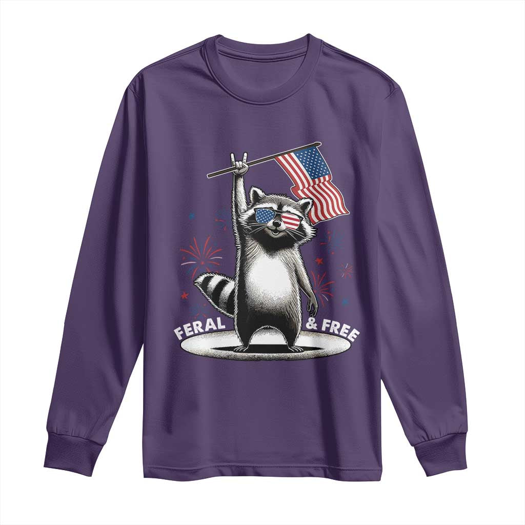 Funny Feral And Free Long Sleeve Shirt 4th of July Patriotic Raccoon With American Flag Fireworks TS11 Purple Print Your Wear
