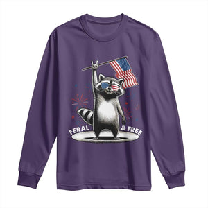 Funny Feral And Free Long Sleeve Shirt 4th of July Patriotic Raccoon With American Flag Fireworks TS11 Purple Print Your Wear