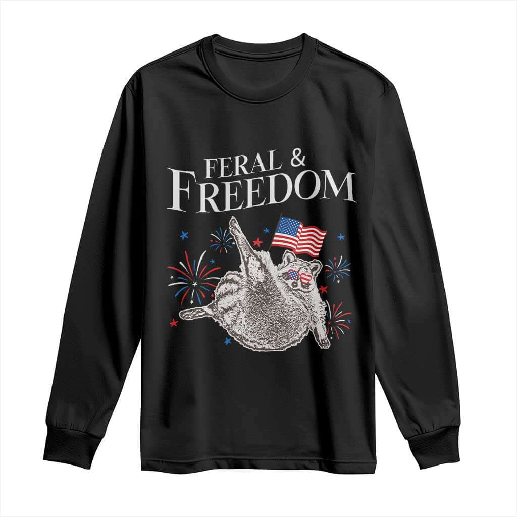Funny Feral And Free Long Sleeve Shirt 4th of July Patriotic Raccoon With American Flag TS11 Black Print Your Wear