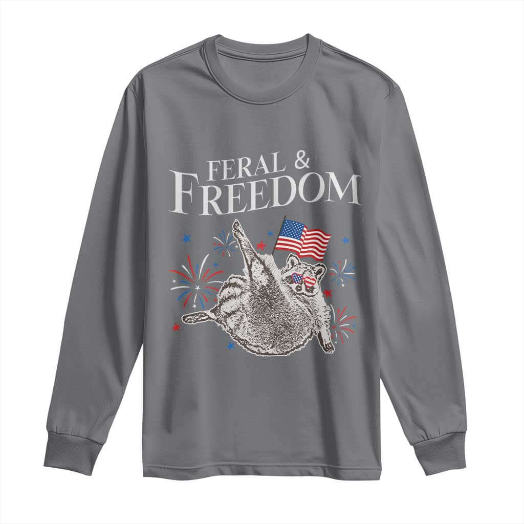 Funny Feral And Free Long Sleeve Shirt 4th of July Patriotic Raccoon With American Flag TS11 Charcoal Print Your Wear
