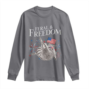 Funny Feral And Free Long Sleeve Shirt 4th of July Patriotic Raccoon With American Flag TS11 Charcoal Print Your Wear