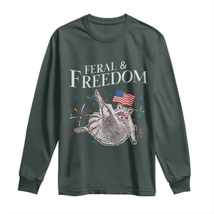 Funny Feral And Free Long Sleeve Shirt 4th of July Patriotic Raccoon With American Flag TS11 Dark Forest Green Print Your Wear
