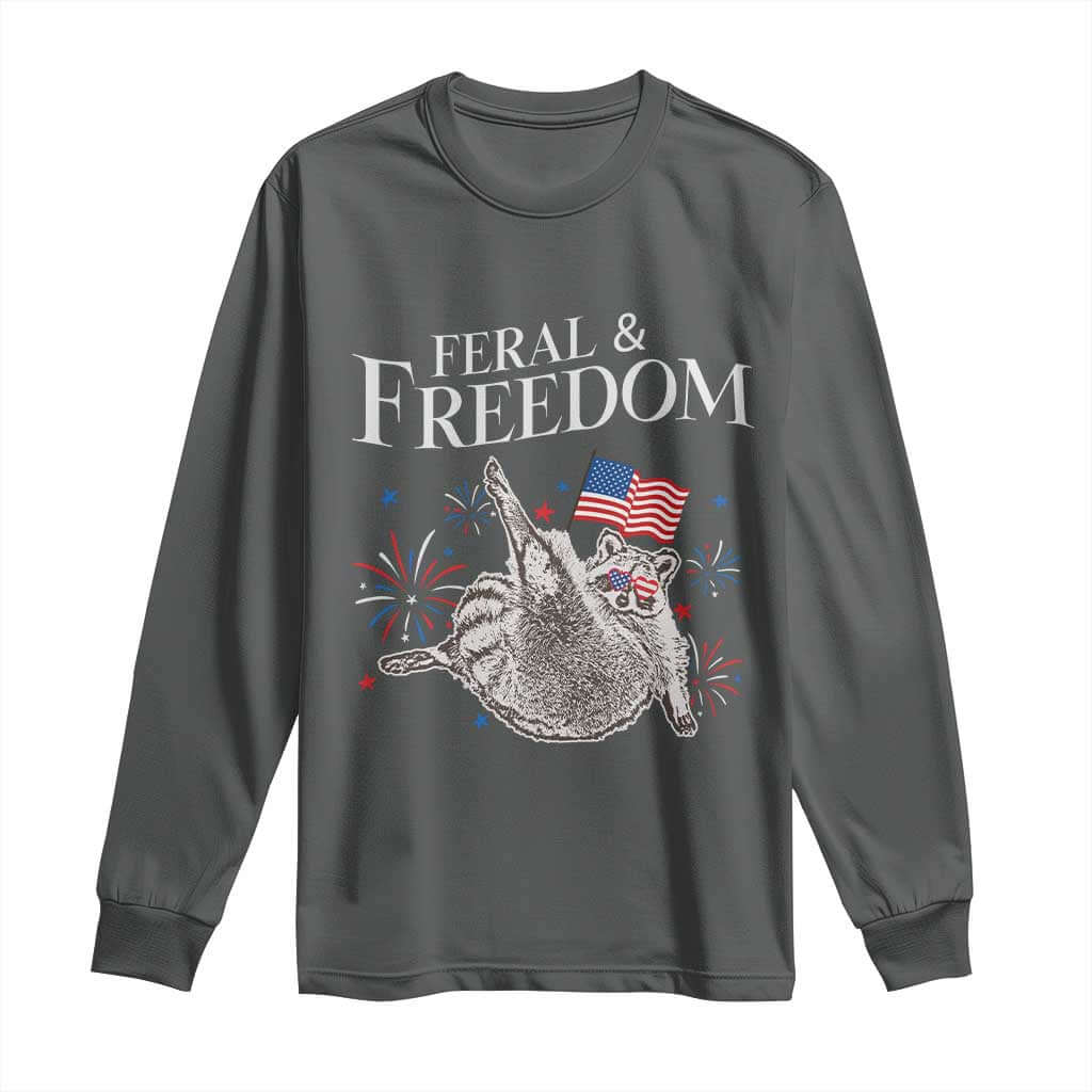 Funny Feral And Free Long Sleeve Shirt 4th of July Patriotic Raccoon With American Flag TS11 Dark Heather Print Your Wear