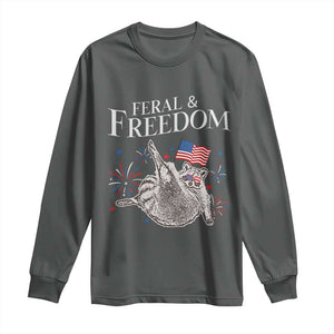 Funny Feral And Free Long Sleeve Shirt 4th of July Patriotic Raccoon With American Flag TS11 Dark Heather Print Your Wear