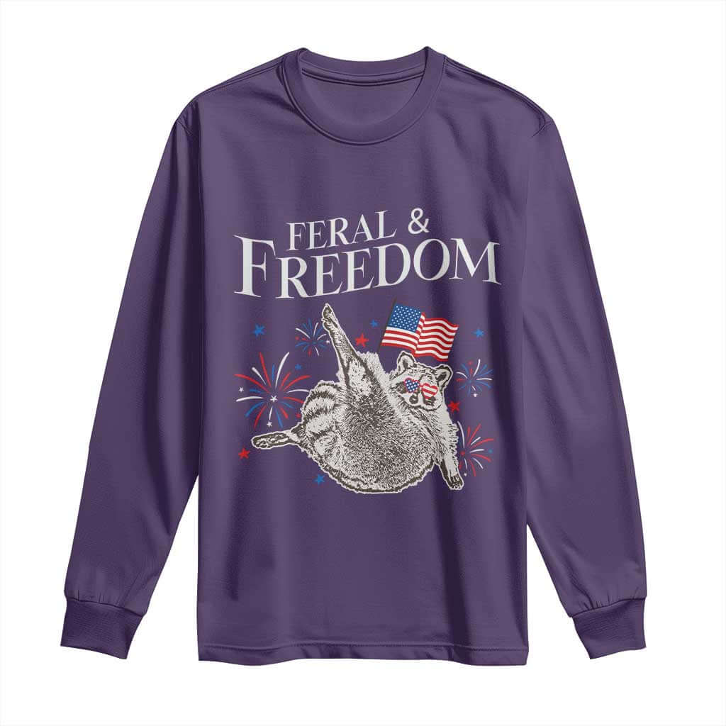 Funny Feral And Free Long Sleeve Shirt 4th of July Patriotic Raccoon With American Flag TS11 Purple Print Your Wear