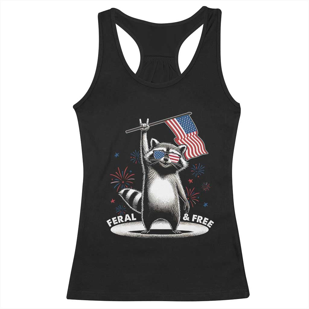 Funny Feral And Free Racerback Tank Top 4th of July Patriotic Raccoon With American Flag Fireworks TS11 Black Print Your Wear