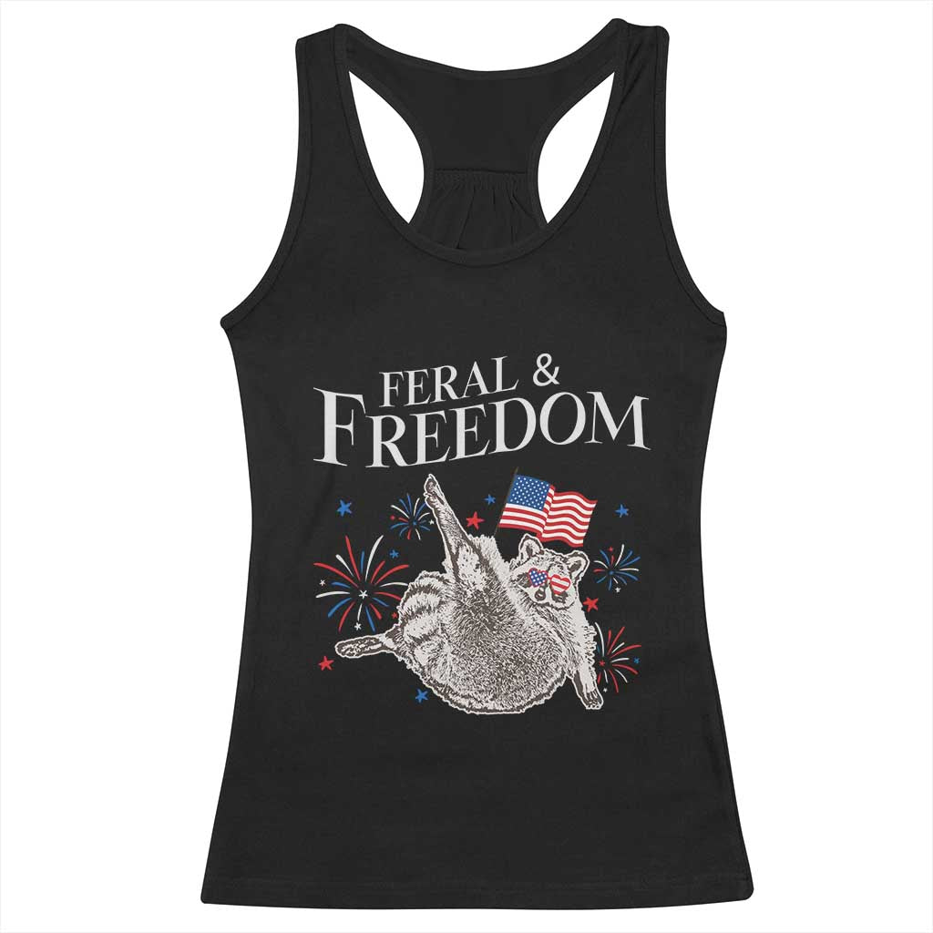 Funny Feral And Free Racerback Tank Top 4th of July Patriotic Raccoon With American Flag TS11 Black Print Your Wear