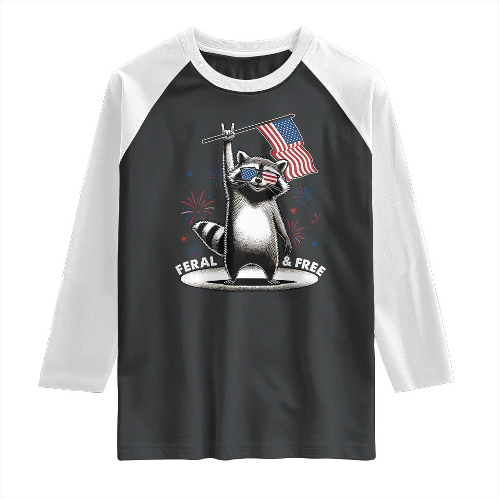 Funny Feral And Free Raglan Shirt 4th of July Patriotic Raccoon With American Flag Fireworks TS11 Black White Print Your Wear