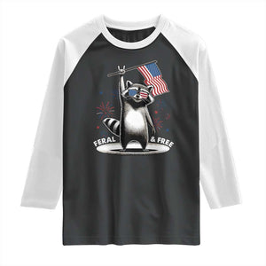 Funny Feral And Free Raglan Shirt 4th of July Patriotic Raccoon With American Flag Fireworks TS11 Black White Print Your Wear