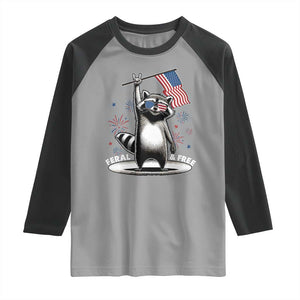 Funny Feral And Free Raglan Shirt 4th of July Patriotic Raccoon With American Flag Fireworks TS11 Sport Gray Black Print Your Wear