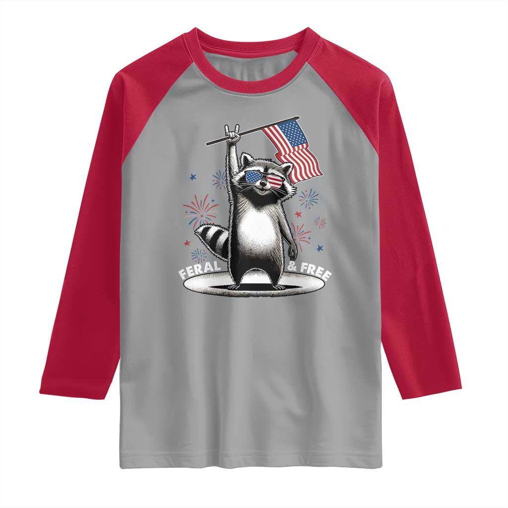 Funny Feral And Free Raglan Shirt 4th of July Patriotic Raccoon With American Flag Fireworks TS11 Sport Gray Red Print Your Wear