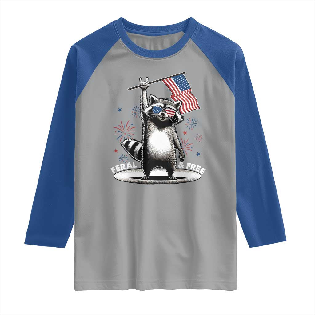 Funny Feral And Free Raglan Shirt 4th of July Patriotic Raccoon With American Flag Fireworks TS11 Sport Gray Royal Print Your Wear