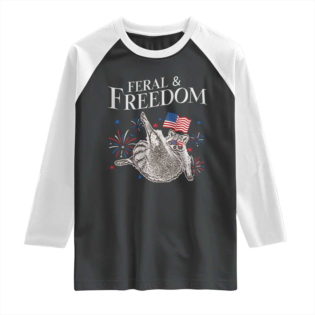 Funny Feral And Free Raglan Shirt 4th of July Patriotic Raccoon With American Flag TS11 Black White Print Your Wear