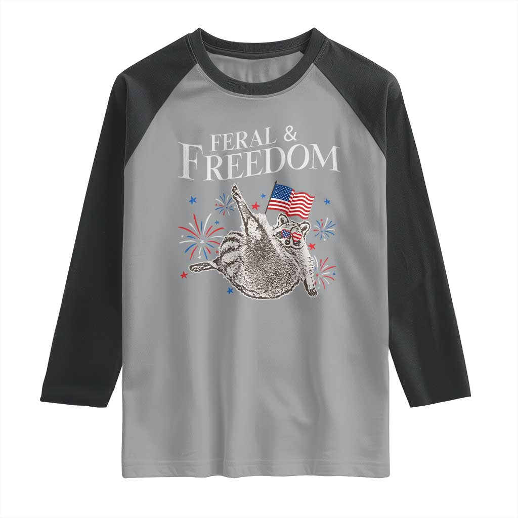 Funny Feral And Free Raglan Shirt 4th of July Patriotic Raccoon With American Flag TS11 Sport Gray Black Print Your Wear